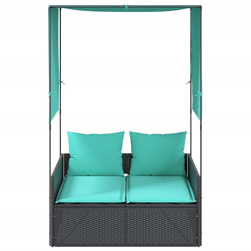 Pemberly Row PE Rattan Double Sun Lounger with Canopy and Curtains in Black