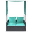 Pemberly Row PE Rattan Double Sun Lounger with Canopy and Curtains in Black
