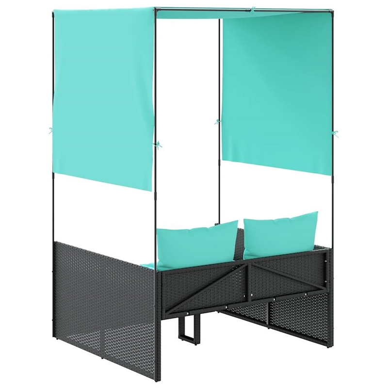 Pemberly Row PE Rattan Double Sun Lounger with Canopy and Curtains in Black