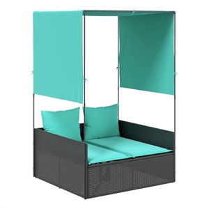Pemberly Row PE Rattan Double Sun Lounger with Canopy and Curtains in Black