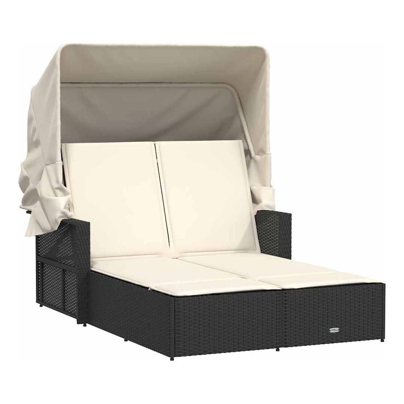 Pemberly Row PE Rattan Double Sun Lounger with Canopy and Cushions in Black