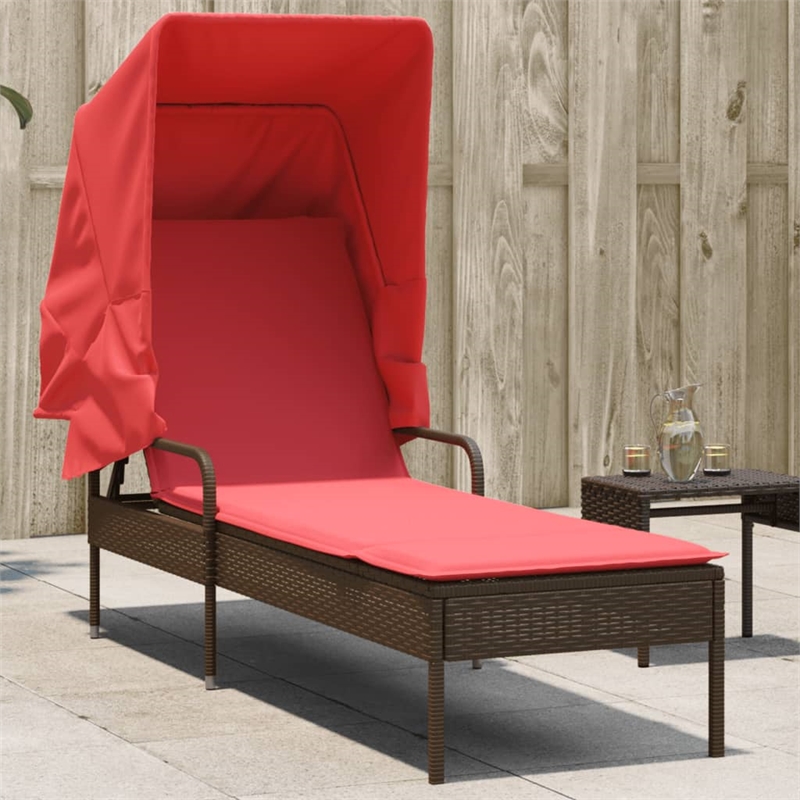 Pemberly Row PE Rattan Patio Sun Lounger with Canopy in Brown