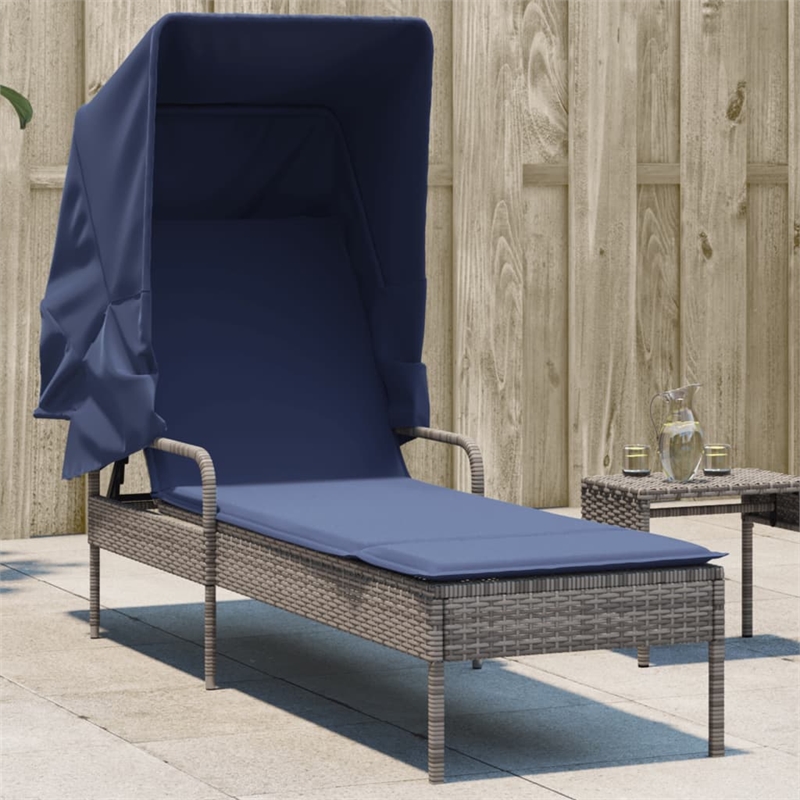 Pemberly Row Patio Sun Lounger with Canopy and Cushion in Gray/Navy Blue
