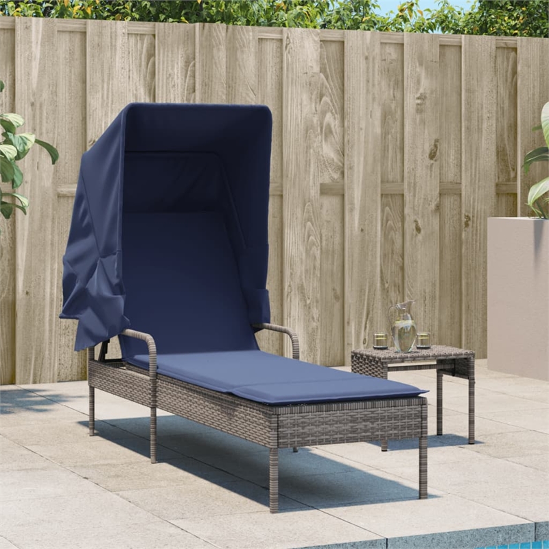 Pemberly Row Patio Sun Lounger with Canopy and Cushion in Gray/Navy Blue