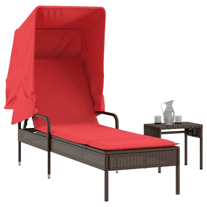 Pemberly Row PE Rattan Sun Lounger with Canopy and Side Table in Brown