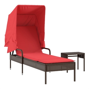 Pemberly Row PE Rattan Sun Lounger with Canopy and Side Table in Brown