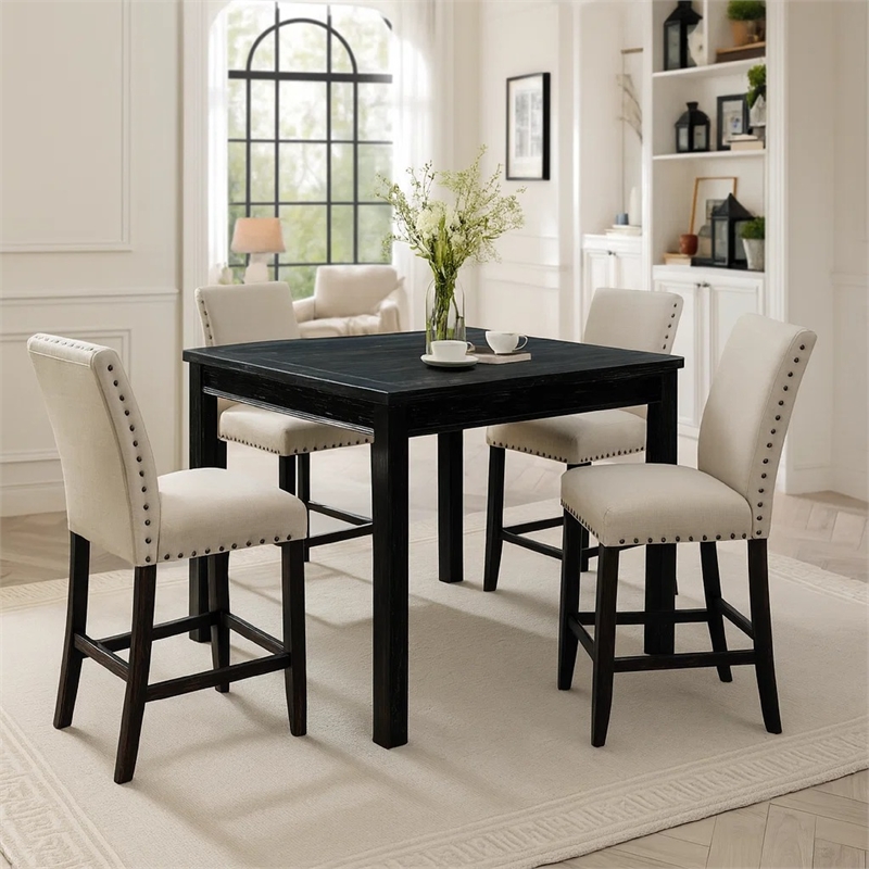 Pemberly Row 5 Piece Wooden Counter Height Table Set in Antique Black/Beige