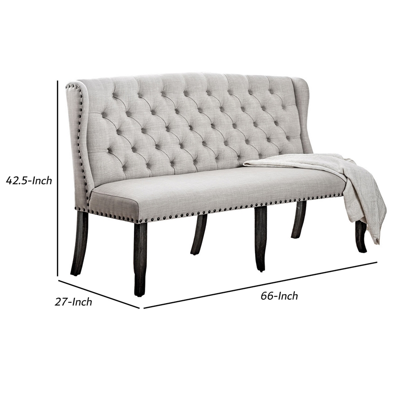 Pemberly Row Tufted Back Long Bench with Nail Head Trim in Ivory