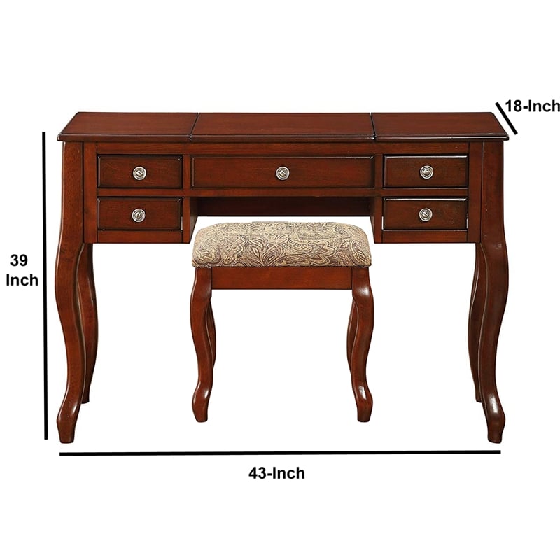 Pemberly Row Vanity Set with Stool and Mirror with 5 Drawers in Brown