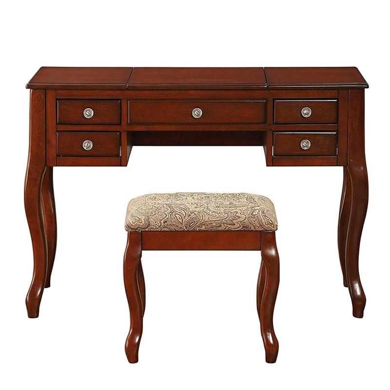 Pemberly Row Vanity Set with Stool and Mirror with 5 Drawers in Brown