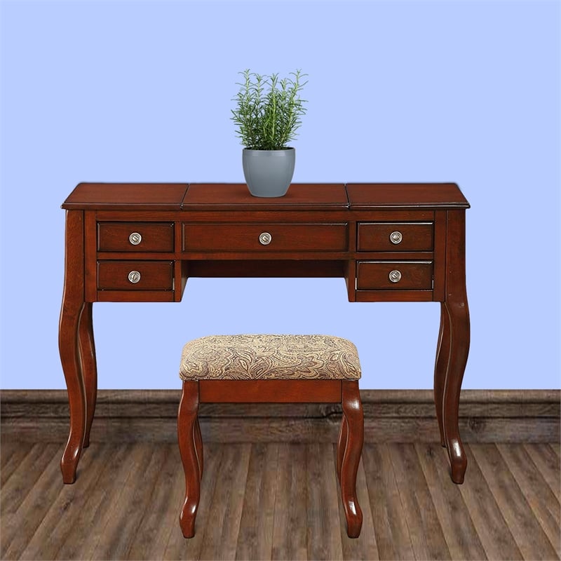 Pemberly Row Vanity Set with Stool and Mirror with 5 Drawers in Brown