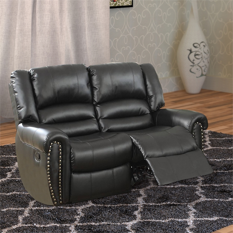 Pemberly Row Bonded Leather Reclining Loveseat with Nail Head Trim in Black