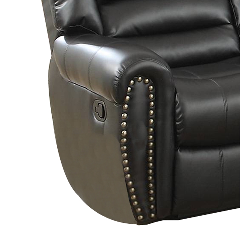 Pemberly Row Bonded Leather Reclining Loveseat with Nail Head Trim in Black
