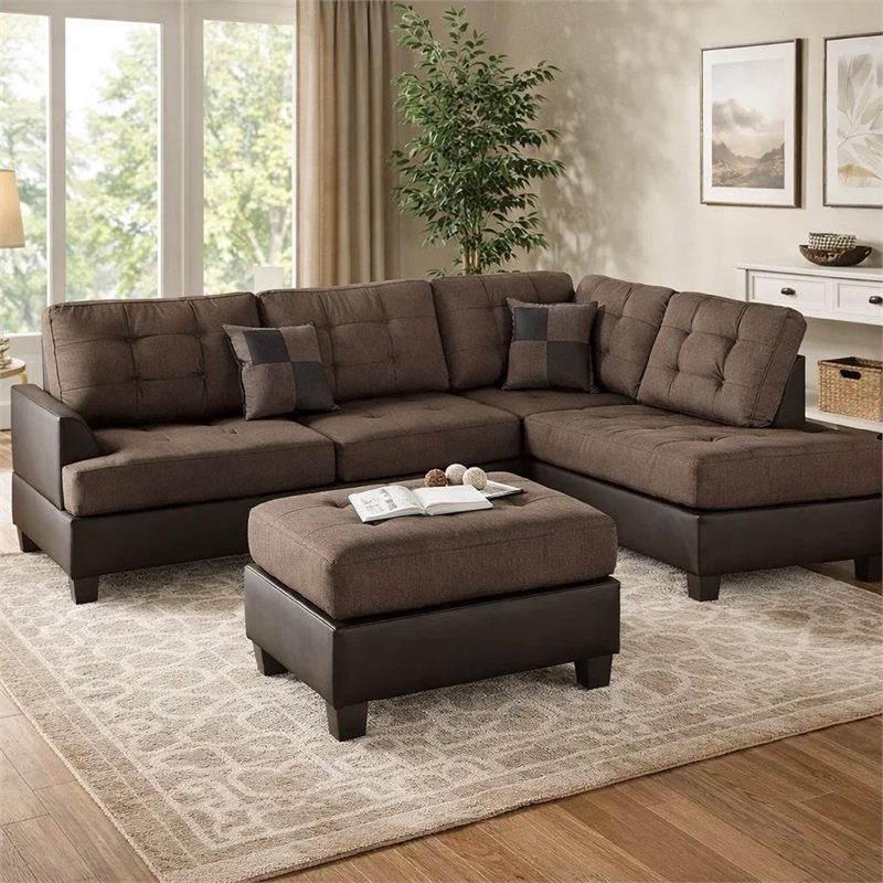 Pemberly Row 3 Piece Sectional Set with Ottoman in Chocolate Brown