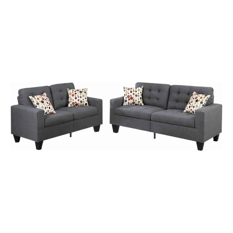 Pemberly Row Linen Fabric 2 Piece Sofa Set with Accent Pillows in Gray