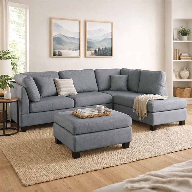 Pemberly Row Linen Fabric 3 Piece Sectional with Ottoman in Gray
