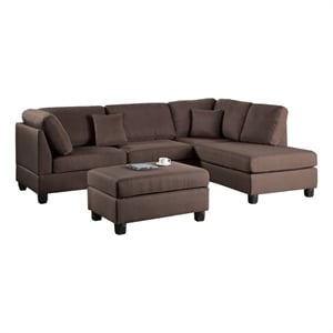 Pemberly Row Linen Fabric 3 Piece Sectional with Ottoman in Chocolate Brown