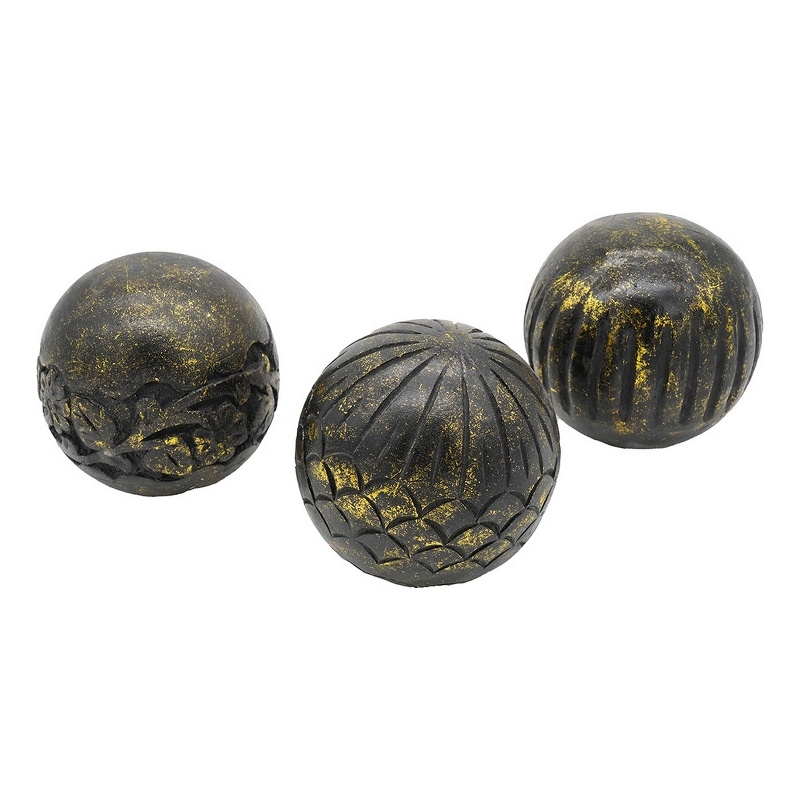 Pemberly Row Set of 3 Carved Mango Wood Round Balls in Black and Yellow