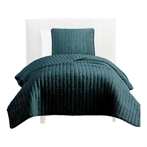 Pemberly Row Twin Quilt Coverlet Set with Crinkle Texture in Teal Green