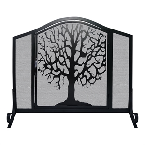 Pemberly Row 43&quot 3-Panel Iron Fireplace Screen with Tree of Life in Black