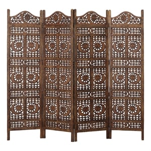 Pemberly Row 71&quot 4-Panel Mango Room Divider with Sun and Moon in Brown
