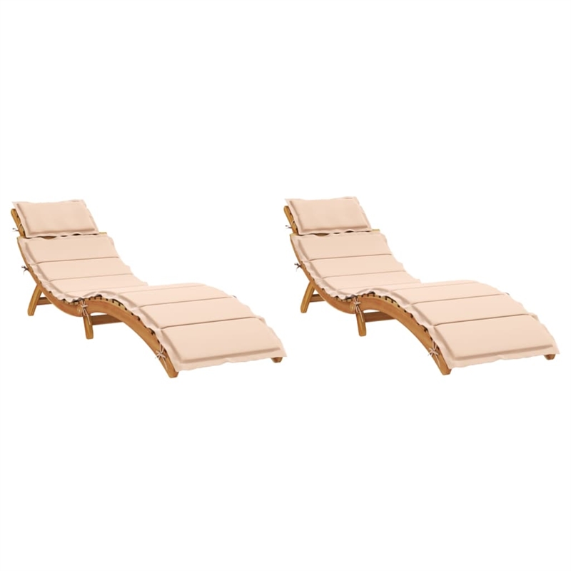 Pemberly Row Foldable Solid Acacia Wood Sun Lounger Set of 2 in Beige