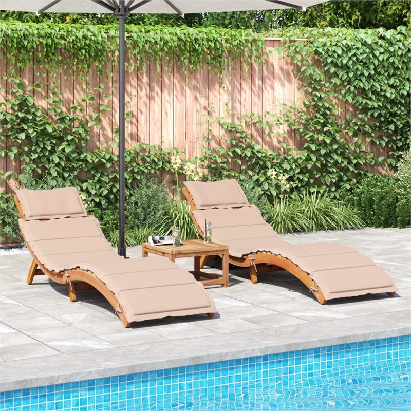 Pemberly Row Foldable Solid Acacia Wood Sun Lounger Set of 2 in Beige