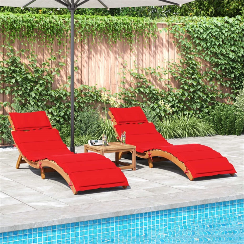 Pemberly Row Solid Acacia Wood Sun Lounger Set of 2 with Cushions in Red