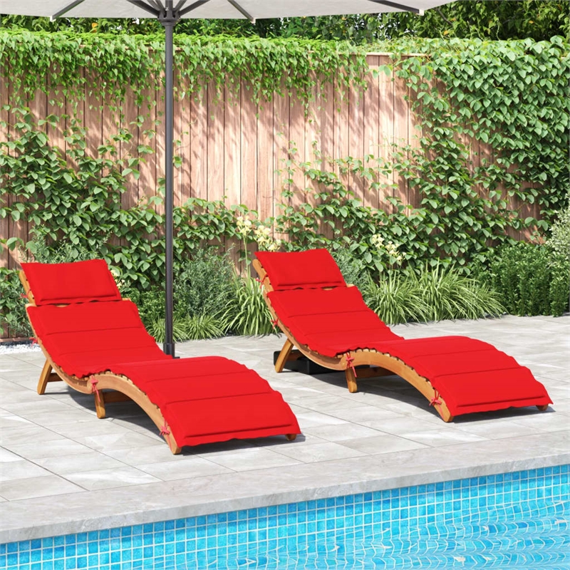Pemberly Row Solid Acacia Wood Sun Lounger Set of 2 with Cushions in Red