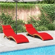 Pemberly Row Solid Acacia Wood Sun Lounger Set of 2 with Cushions in Red