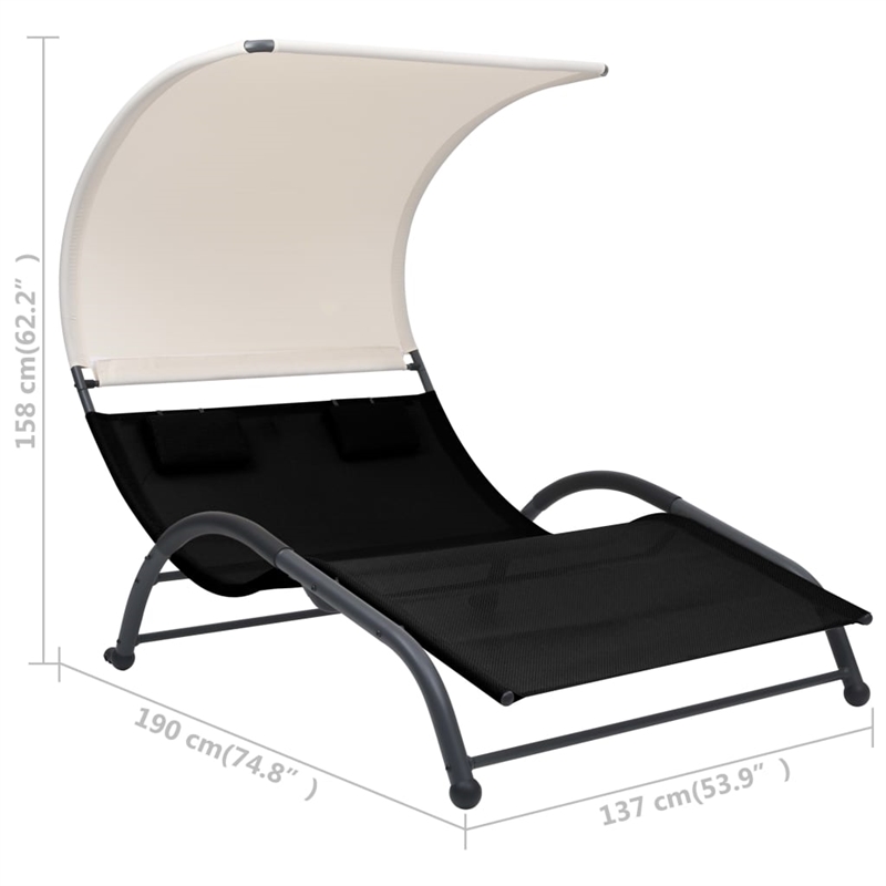 Pemberly Row Steel 2-Person Double Sun Lounger with Canopy in Black