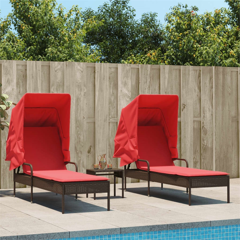 Pemberly Row PE Rattan Sun Lounger Set of 2 with Canopy in Brown