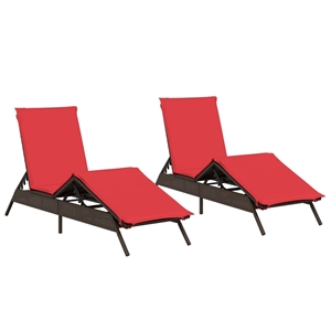 Pemberly Row PE Rattan Patio Sun Lounger Set of 2 with Footrests in Brown