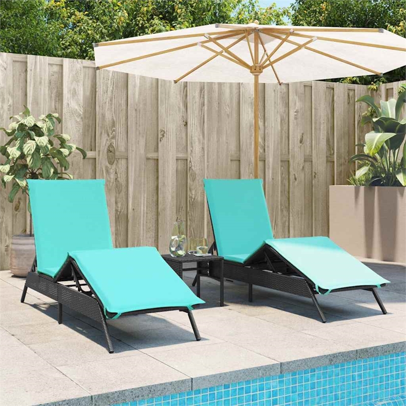Pemberly Row PE Rattan Patio Sun Lounger Set of 2 in Black Blue