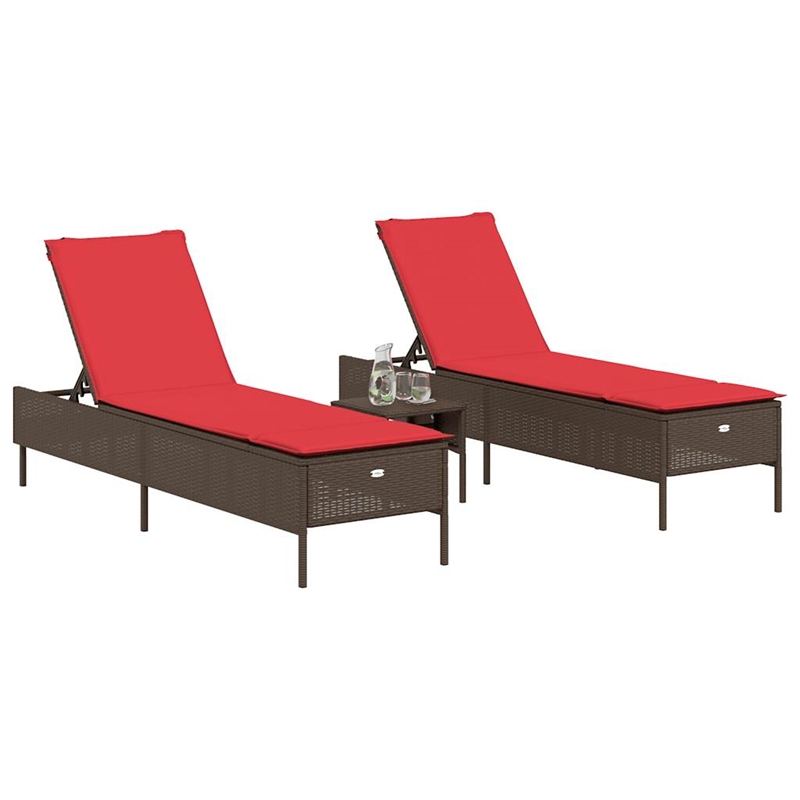 Pemberly Row PE Rattan Patio Sun Lounger Set of 2 with Cushions in Brown
