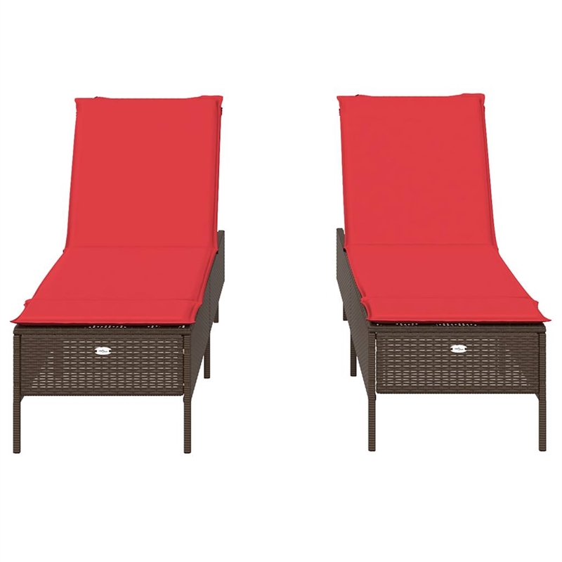 Pemberly Row PE Rattan Patio Sun Lounger Set of 2 with Cushions in Brown