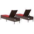 Pemberly Row PE Rattan Patio Sun Lounger Set of 2 with Cushions in Brown