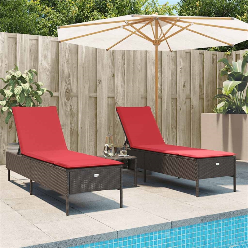 Pemberly Row PE Rattan Patio Sun Lounger Set of 2 with Cushions in Brown