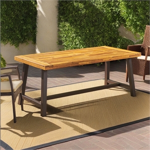 Pemberly Row Acacia Wood Outdoor Dining Table with Iron Legs in Brown