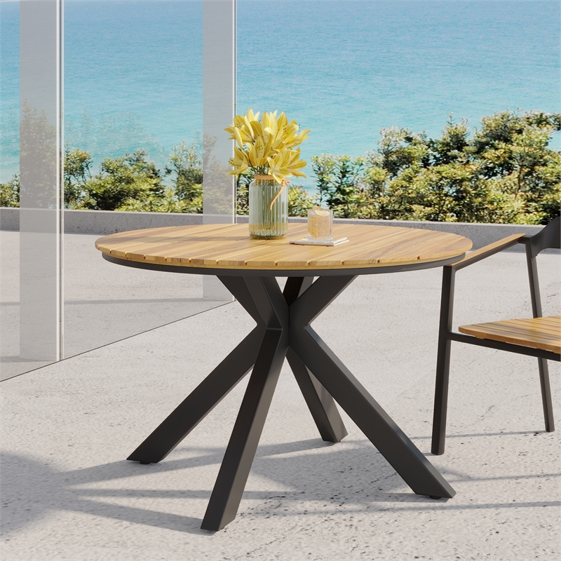 Pemberly Row Round Acacia Wood Outdoor Dining Table with Metal Legs