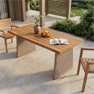 Pemberly Row Acacia Wood Outdoor Dining Table with Rattan Legs in Brown