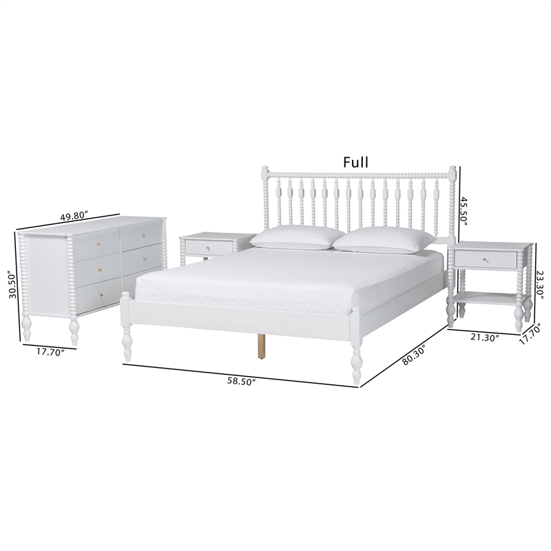 Pemberly Row Spindle 4-Piece Bedroom Set with Platform Bed in White Full