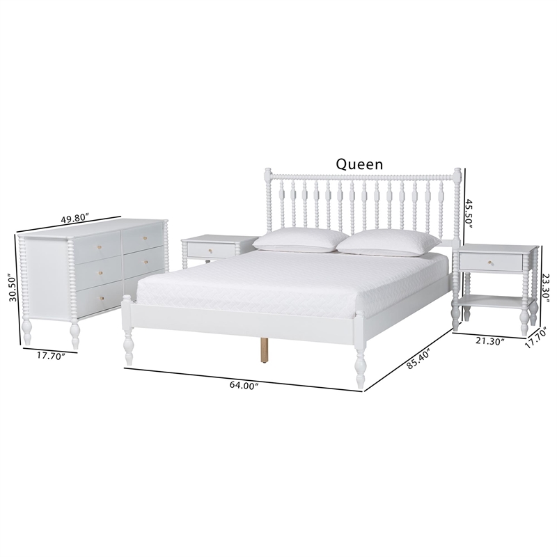 Pemberly Row Spindle 4-Piece Bedroom Set with Platform Bed in White Full