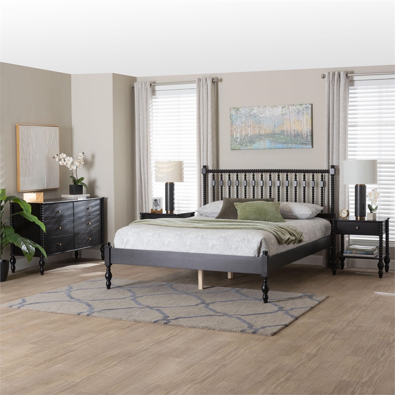 Pemberly Row Spindle 4-Piece Bedroom Set with Full Platform Bed in Black