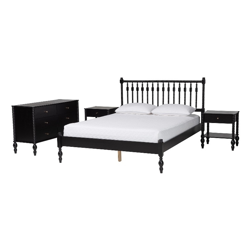 Pemberly Row Spindle 4-Piece Bedroom Set with Full Platform Bed in Black