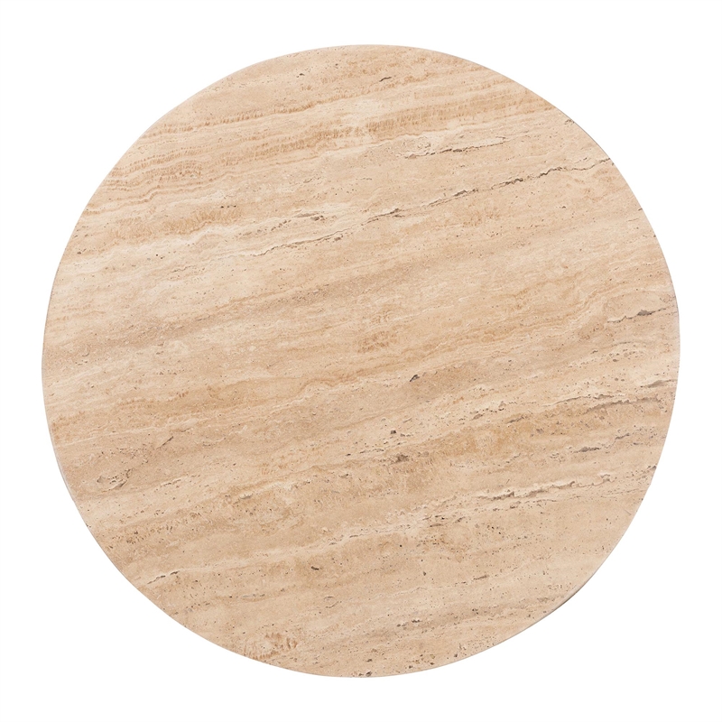 Pemberly Row Round Travertine Coffee Table with Arching Mango Wood Legs