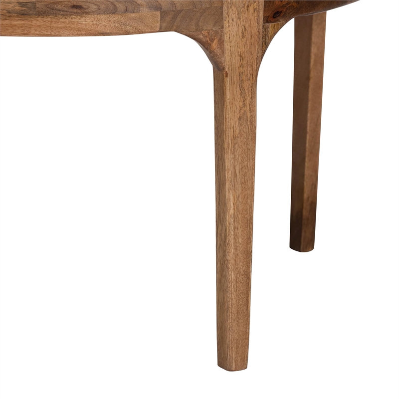 Pemberly Row Round Travertine Coffee Table with Arching Mango Wood Legs