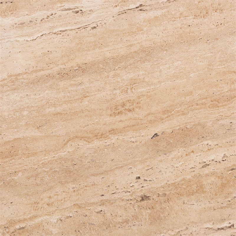 Pemberly Row Round Travertine Coffee Table with Arching Mango Wood Legs