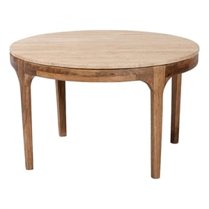 Pemberly Row Round Travertine Coffee Table with Arching Mango Wood Legs