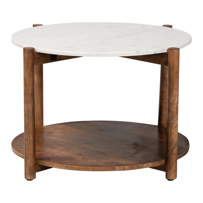 Pemberly Row Round Marble 2-Tier Coffee Table with Mango Wood Frame